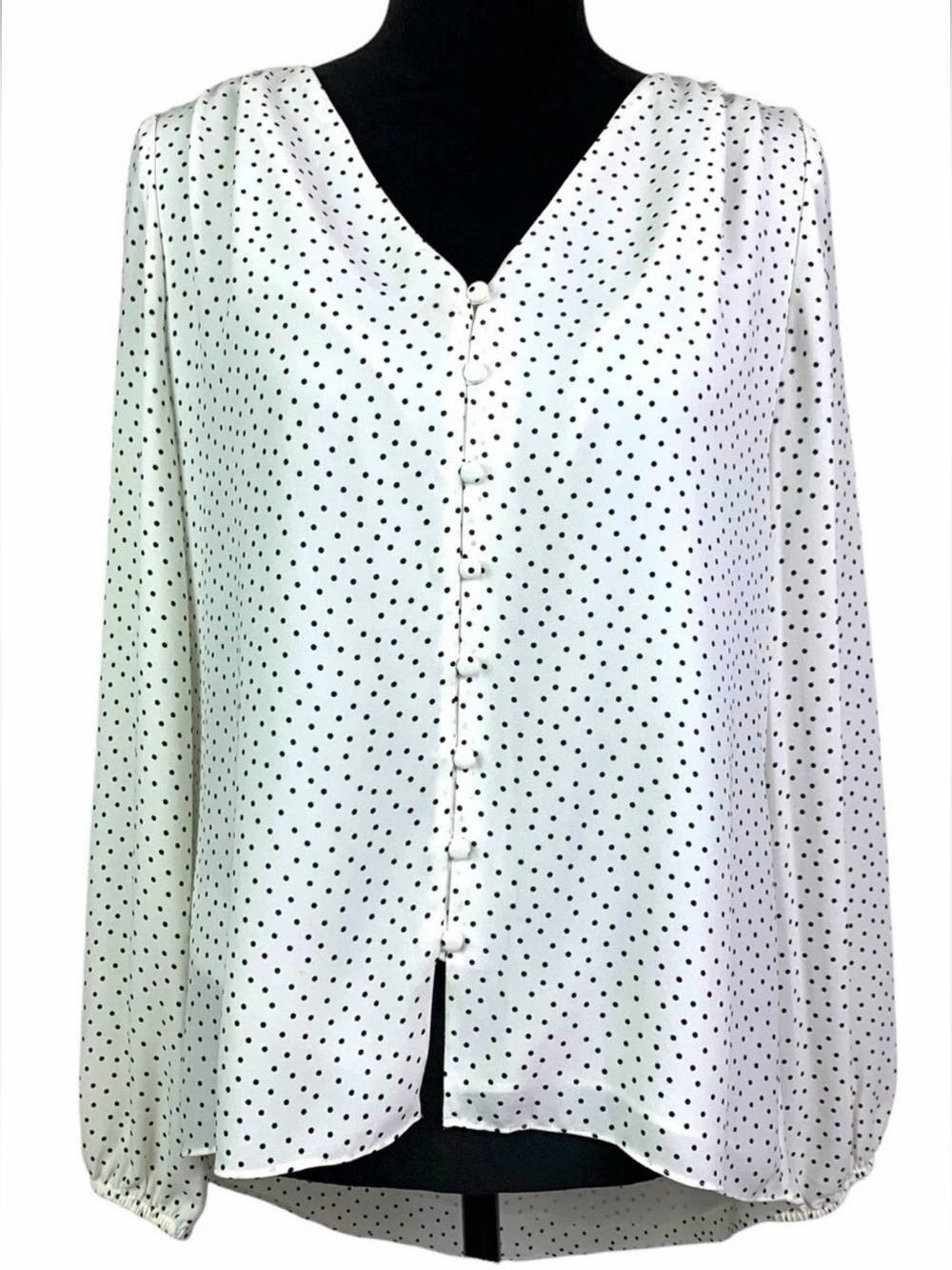 White House Black Market White and Black Polka Dot V-Neck Blouse